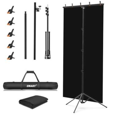 Imagem de EMART Suporte de pano de fundo em forma de T 3 x 1,5 m, tela de fundo preta com suporte de banner de foto ajustável e kit de suporte de fotografia de 5 grampos para festa, sessão de fotos, aniversário