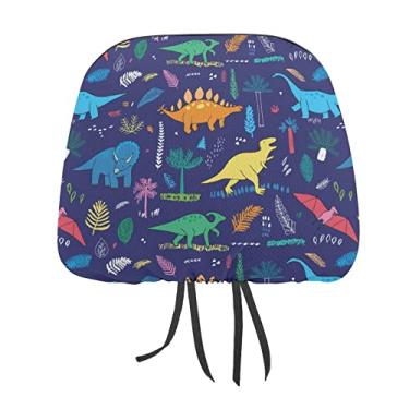 Imagem de Dinossauros coloridos sem costura com folhas de palmeira em azul escuro 1 peça capa protetora universal para assento de carro, capa macia para encosto de cabeça de carro, acessórios de decoração para