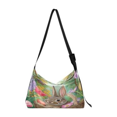 Imagem de GAIGEO Bolsa tiracolo de couro rosa flamingo com flores, bolsa de ombro leve feminina, bolsa tiracolo moderna, Cesta de coelho Páscoa, One Size