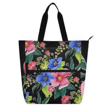 Imagem de GAIGEO Sacola feminina floral colorida preta para trabalho, lona, praia, livro, com zíper, bolsas infantis fofas com compartimentos