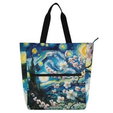 Imagem de Starry Night Bolsas de trabalho de flor de amendoeira para mulheres, bolsa de lona, praia, livros, zíper, professores, presentes, amantes de livros, presentes