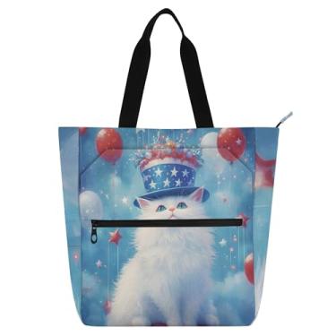 Imagem de GAIGEO Bolsa de mão patriótica branca com balões de gato para crianças, mulheres, escola, professor, lona, bolsa de mão, viagem, trabalho