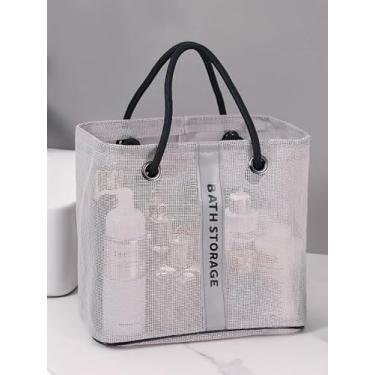 Imagem de Bolsa de malha de chuveiro, alças de corda de drenagem rápida, respirável, com ilhós, organizador portátil de armazenamento de banho para dormitório, academia, viagem, Cinza, Malha