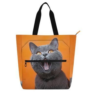 Imagem de GAIGEO Sacola divertida com estampa de gato para crianças e mulheres com zíper, bolsa de lona impermeável, escola, professor, trabalho, viagem