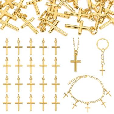 Imagem de SelfTek 24 peças de pingentes de cruz banhados a ouro 18K - pingentes de cruz para fabricação de joias, pingente de crucifixo cristão de latão com colar de pulseiras