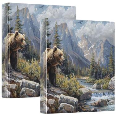 Imagem de Fichário com 3 anéis de paisagem de urso pardo 3 polegadas comporta 200 folhas, lindo fichário de anel redondo, 31,5 x 27 x 6 cm, pacote com 2