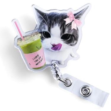 Imagem de Carretel de crachá Cat Matcha para enfermeira, fofo I Love You So Matcha Carretel de crachá feminino com bebida, clipe de cinto