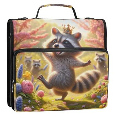 Imagem de Fichário fofo de guaxinim com 3 anéis de 3,8 cm, anel D com zíper, bolsa organizadora com alça para armazenamento escolar, estojo com alça