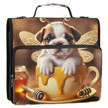Imagem de Fichários de 3,8 cm com 3 anéis, bonito buldogue, abelha, zíper, bolsa escolar com alça de ombro floral, suporte para 500 folhas