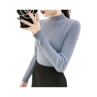 Imagem de Suéter Feminino Cinza Slim Fit De Tricô Manga Longa Gola Alta Casual L
