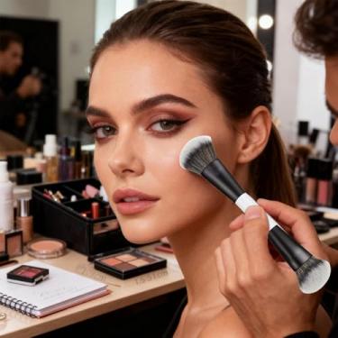 Imagem de Pincel de base | Cerdas densas de ponta dupla | Pincéis de maquiagem de base líquida para misturar | para blush em pó, iluminador, corretivo, bronzeador, mulheres, casa, viagem, festa