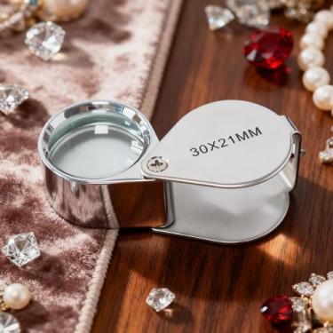Imagem de 1 mini lupa de bolso dobrável de 30 x com capa protetora de metal – Lupa de leitura dobrável para viagens, inspeção, joias, moedas, hobby (prata)
