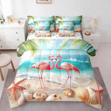 Imagem de jejeloiu Jogo de cama casal com tema de praia, 7 peças, folha de palmeira, flamingo, tropical, verão, mar, oceano, onda, estrela-do-mar, concha, concha, decoração de quarto