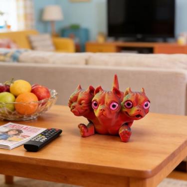 Imagem de Estatuetas colecionáveis de cachorro de três cabeças impressas em 3D, presente para decoração executiva de escritório doméstico (vermelho amarelo)