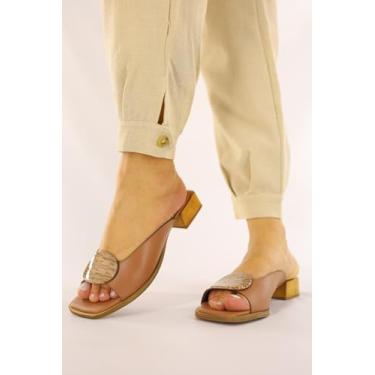 Imagem de Tamanco Feminino com Salto Baixo, em Couro Legitimo, Detalhe Dourado (Cappuccino, BR, Adulto, Numérico, M, 38)