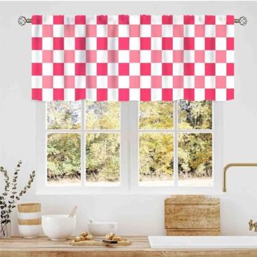 Imagem de Saia de cozinha xadrez rosa, retrô anos 70, hippie, estética, descolada, moderna, quadro de xadrez bonito, colorido, bolso para varão, cortinas de janela pequenas para café, sala de estar, quarto