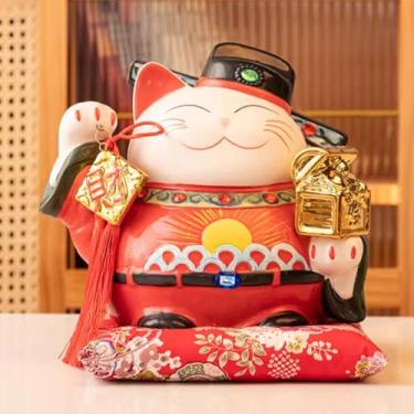 Imagem de FENNYYAR Caixa de tesouro de cerâmica estilo chinês Maneki Neko, 22,8 cm, estátua de decoração de casa de gato da sorte