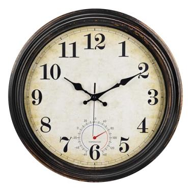 Imagem de Horizent Relógios grandes ao ar livre à prova d'água com termômetro combo relógio de parede vintage decoração para banheiro, pátio, piscina, jardim (40,6 cm)