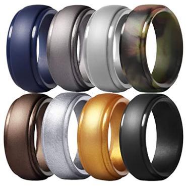 Imagem de AZYOUNG Alianças de casamento masculinas 8 mm de largura borda de silicone pacote com 8 peças preto azul camuflagem café anéis de borracha, tamanho EUA 7-14, Silicone, Sem pedra preciosa