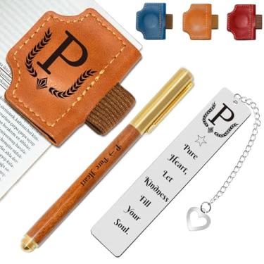 Imagem de Marcador de livro personalizado com suporte de caneta, conjunto de marcadores de livro de couro magnético personalizado com canetas de madeira personalizadas e marcador de livro de metal – para