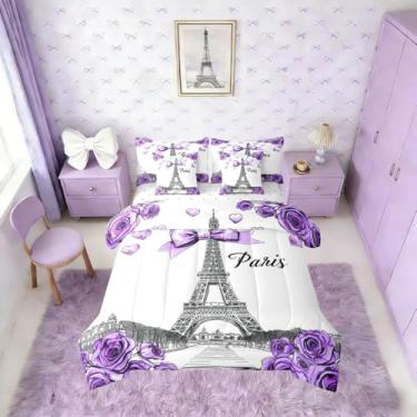 Imagem de Erosebridal Conjunto de cama solteiro com 7 peças, decoração de laço, Torre Eiffel em uma bolsa para crianças, meninas, edredom floral rosa com lençóis, conjuntos de cama de princesa