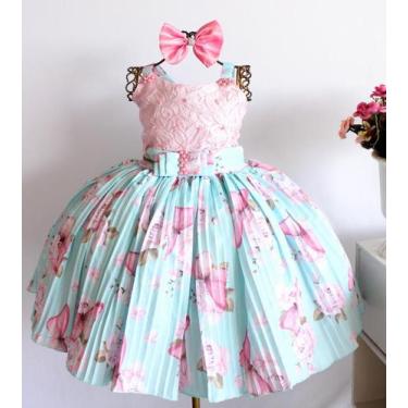 Imagem de Vestido Infantil Floral  Frisado Verde Água Casamento Festa Luxo E Tia