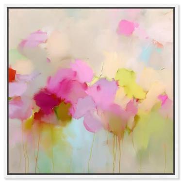 Imagem de Arte de parede para sala de estar com impressão em tela rosa e Chartreuse II por Art Remedy, moldura branca, 50 x 50 cm