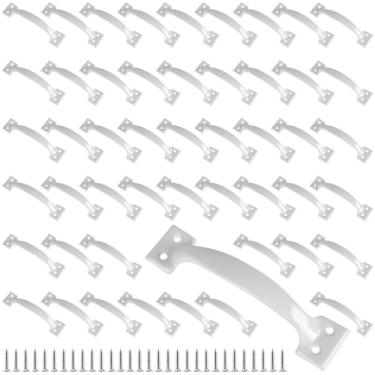Imagem de MUKLEI Pacote com 50 maçanetas de portão, maçaneta de porta de metal de 14 cm com parafusos, maçaneta de porta branca para móveis armários gaveta de cozinha cômoda cercas externas