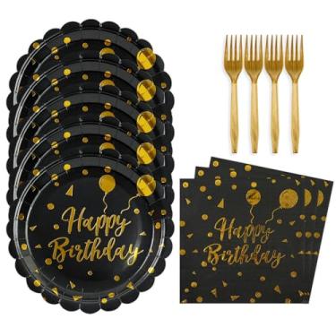 Imagem de BOKFJBP 48 peças de pratos e guardanapos de feliz aniversário - Conjunto de pratos e guardanapos de bolo recortados de aniversário preto e dourado descartáveis com garfos para decorações de festa de