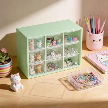 Imagem de Caixa organizadora de mesa com 9 compartimentos, caixa organizadora de joias com estrutura de várias gavetas para anéis, brincos, miçangas, maquiagem, escritório e armazenamento de artesanato, verde