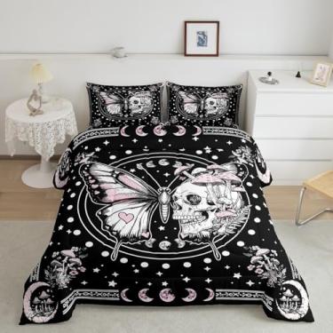 Imagem de Jogo de edredom gótico com estampa de crânio e mariposa, tamanho king, boêmio, lua estrelada, galáxia, para crianças, meninas, meninos, flores de cogumelo, folhas e folhas para decoração de quarto