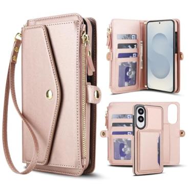Imagem de Capa carteira para Samsung Galaxy S25 Edge, capa flip magnética destacável com compartimentos para cartões, bloqueio RFID, suporte e alça de pulso, capa protetora para celular (ouro rosa)