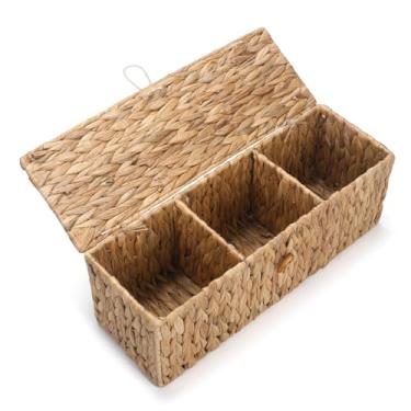 Imagem de Cesta de banheiro de vime com tampa, cesta de vaso sanitário de jacinto d'água com 3 compartimentos, caixa de armazenamento de tecido para organizador de banheiro (33,5 x 13 x 11,4 cm)