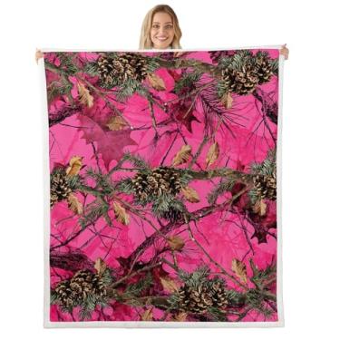 Imagem de Manfei Cobertor infantil de camuflagem rosa, ramo de árvore morta, cobertor rústico para cama de meninos e meninas, cobertor felpudo camuflado de casa de fazenda de caça selvagem, tamanho Queen (224 x