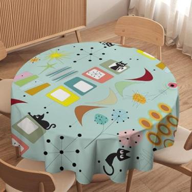 Imagem de TYVGICZ Toalha de mesa retrô moderna de meados do século para sala de jantar, cozinha, decoração de festa de aniversário, à prova de óleo, impermeável, vintage, branca, 91 x 91 cm, redonda