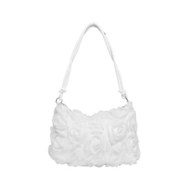 Imagem de Bolsa de ombro rosa para mulheres, elegante bolsa de mão floral de renda, bolsa de noite rosa vintage para festa de formatura de casamento, Branco, Medium