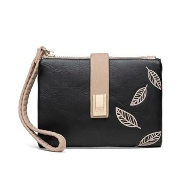Imagem de Carteira feminina com estampa de folhas curtas, bolsa de couro pequena com alça de pulso, Uma cor, Black