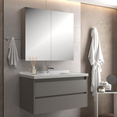 Imagem de Conjunto Gabinete para Banheiro com Espelheira 82cm Maresias Cimento