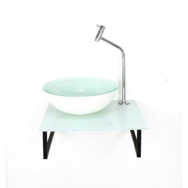 Imagem de Kit Cuba Vidro Redonda 10Mm Tampo 40Cm Branco Full Suporte