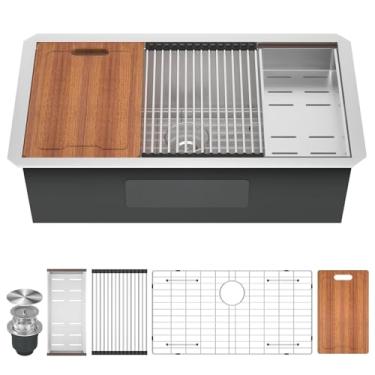 Imagem de Montagem inferior para pia de cozinha 32 – 83 x 48 cm, borda inferior para pia de trabalho, tigela única de 25 cm de profundidade de aço inoxidável calibre 16, pia de cozinha com acessórios escovados