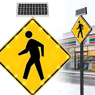 Imagem de Placa solar de 61 cm LED para pedestres - Placa de aviso de trânsito de alumínio, metal à prova de ferrugem, 2 peças de sinal de segurança piscante movido a energia solar para uso na estrada