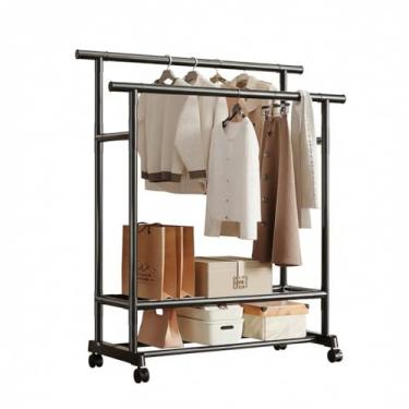 Imagem de LizhSynergy Cabide simples, cabide de haste dupla com suporte de armazenamento, tubo de aço carbono preto com rodas, suporte de armazenamento de roupas no chão (camada dupla de pólo duplo, 1 metro)