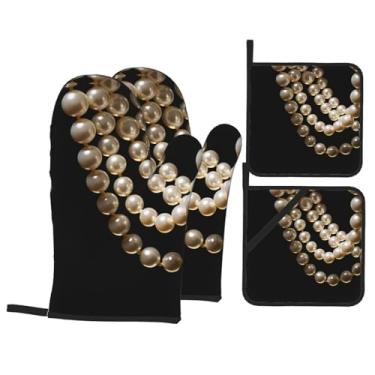Imagem de Conjunto de luvas de forno estampadas Strand of Pearls, conjunto de 4 peças adequado para grelhar, cozinhar e assar