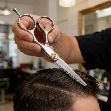 Imagem de Tesouras profissionais de cabeleireiro de 15 cm – Tesoura de cabelo feita à mão – lâmina de barbear/design offset/Pro ergonômica para estilistas de salão esteticistas e barbeiros (tesoura plana)