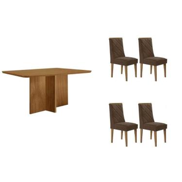 Imagem de Conjunto: Mesa Sala Jantar Berlim Tampo Curvo 120cm+4 Cadeiras Pietá Madeira Naturale - Capuccino/Linho Capuccino - Rufato