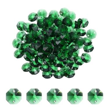 Imagem de YELARXI Contas octógono de vidro de 14 mm, contas de apanhador de sol a granel 2 furos pingentes de apanhador de sol de 1,4 cm e 120 peças e ajuste verde para (artesanato artístico/reparo de lustre de