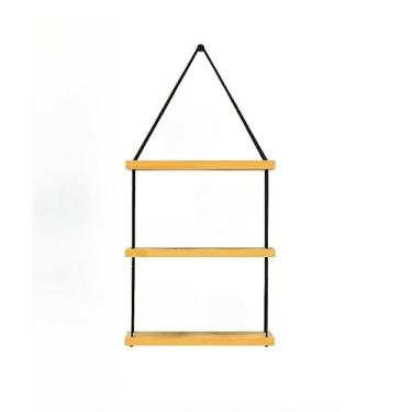 Imagem de Prateleira Suspensa de Madeira com 3 Andares, 35x60cm, Corda Preta, Estilo Minimalista para Decoração Parede Tendencia