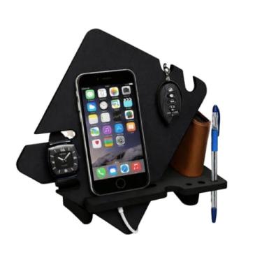 Imagem de Porta Celular Carteira Chave Relógio Multiuso Objeto MDF Preto Organizador Mesa Decoração Enfeite (Preto)