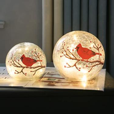 Imagem de Lâmpada cardinal grande com bola de vidro crackle – Acende com enfeite de decoração de Natal manchado de pássaro vermelho, luz noturna de esfera, luminária de mesa de mesa de LED