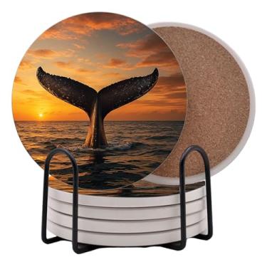 Imagem de Conjunto de 6 porta-copos redondos de cauda de baleia de animais selvagens - Abosrbent Ceramic com suporte de metal para bebidas, café, fundo de cortiça antiderrapante (baleia)